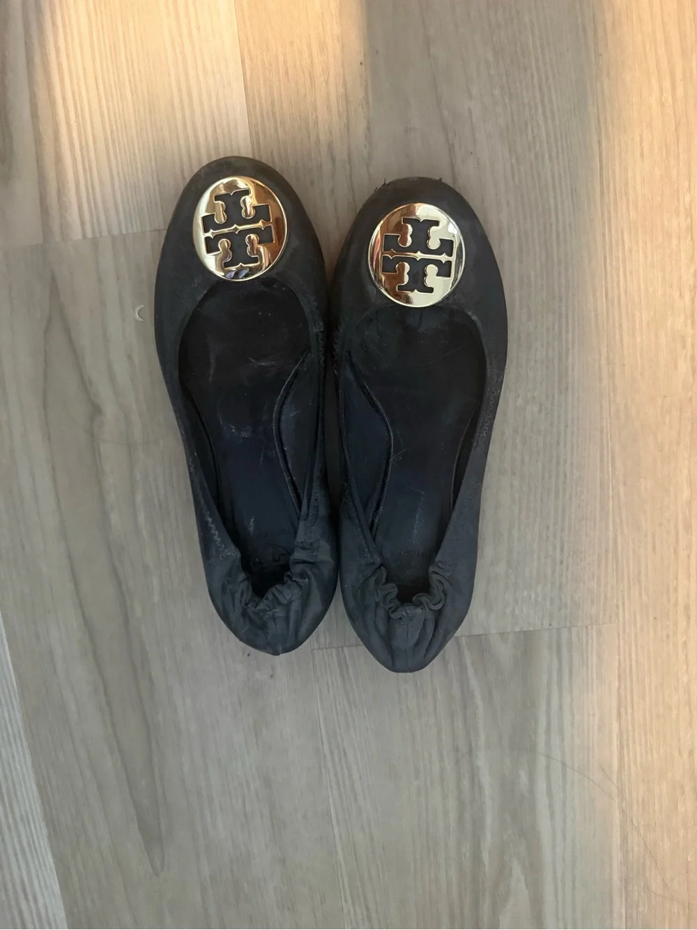 Tory Burch Black Leather Logo Ballet Flats with Gold Emblems